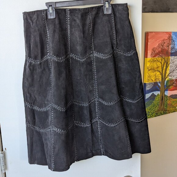 AREA Black Leather Skirt with Patch Stitching Size 12 - Picture 10 of 14